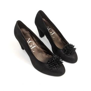 AGL shimmery suede beaded pom pom heels